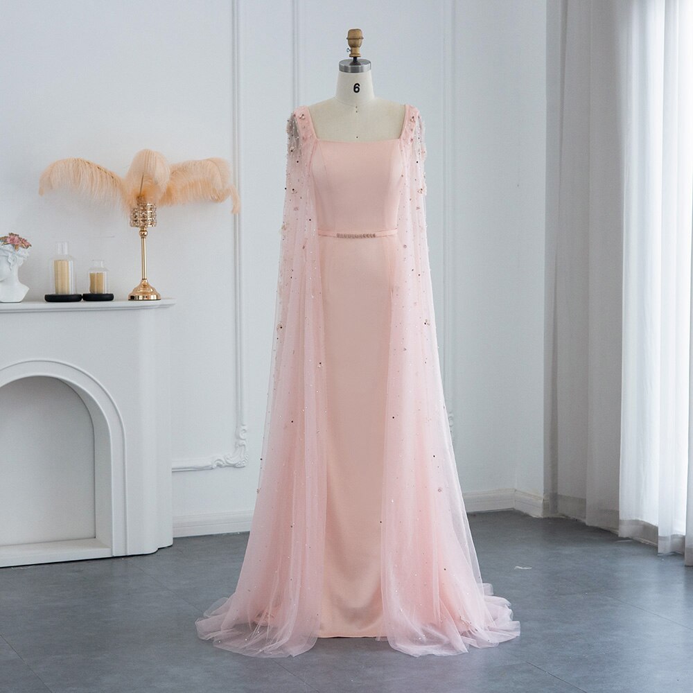 Luxury Pink 3D Flowers Evening Dress with Cape Sleeve Elegant Women Formal Gown for Wedding Party