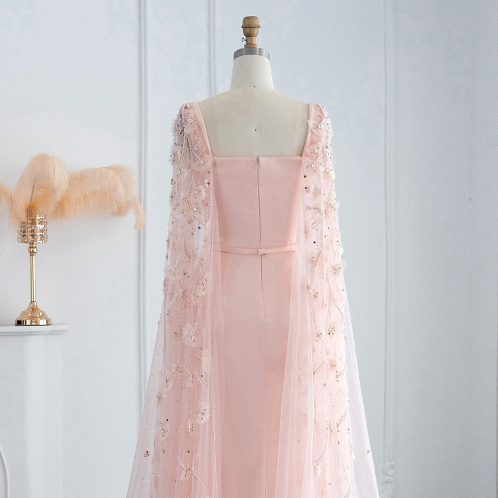 Luxury Pink 3D Flowers Evening Dress with Cape Sleeve Elegant Women Formal Gown for Wedding Party - Image 6