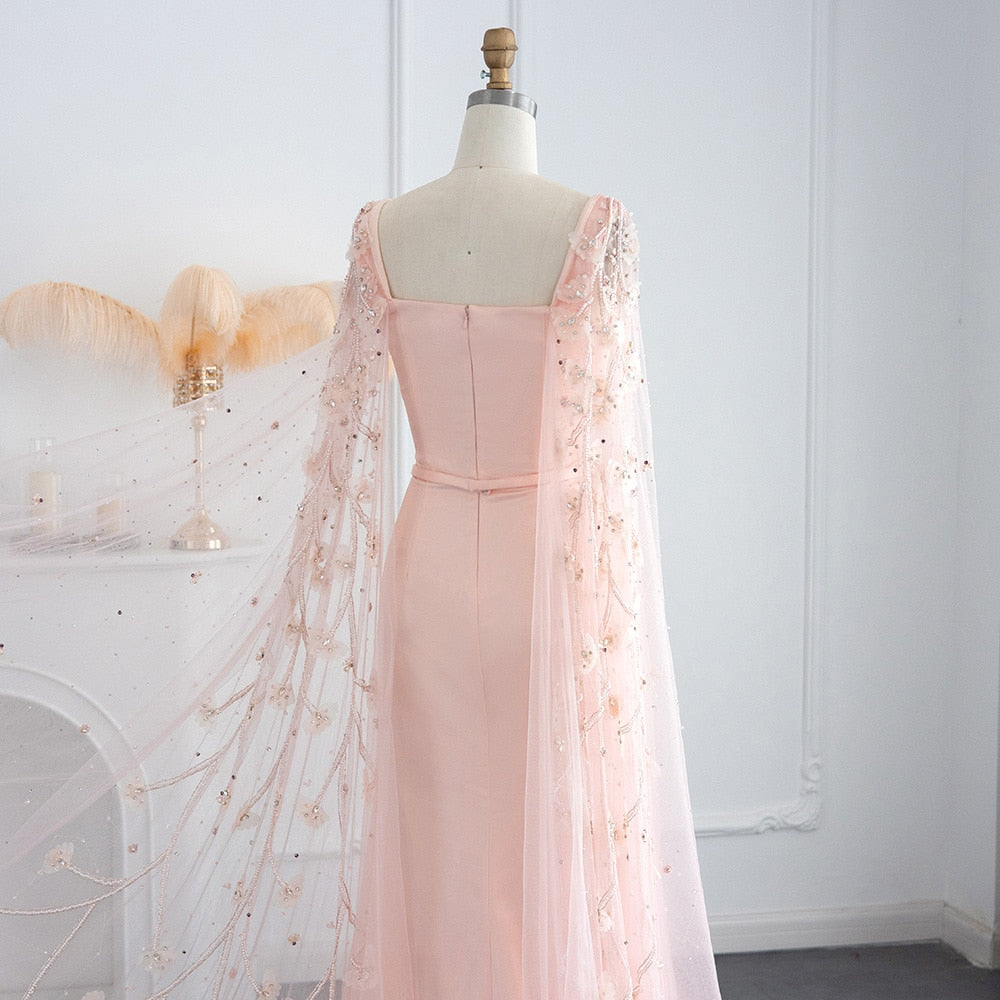 Luxury Pink 3D Flowers Evening Dress with Cape Sleeve Elegant Women Formal Gown for Wedding Party - Image 4
