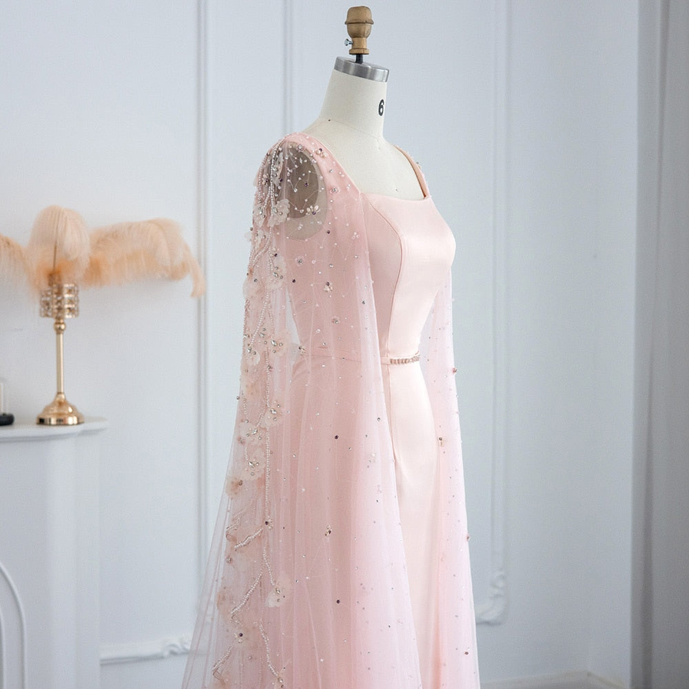 Luxury Pink 3D Flowers Evening Dress with Cape Sleeve Elegant Women Formal Gown for Wedding Party - Image 2