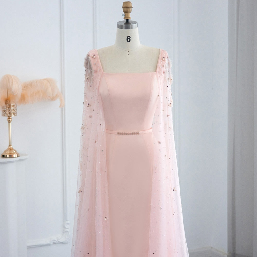 Luxury Pink 3D Flowers Evening Dress with Cape Sleeve Elegant Women Formal Gown for Wedding Party - Image 3