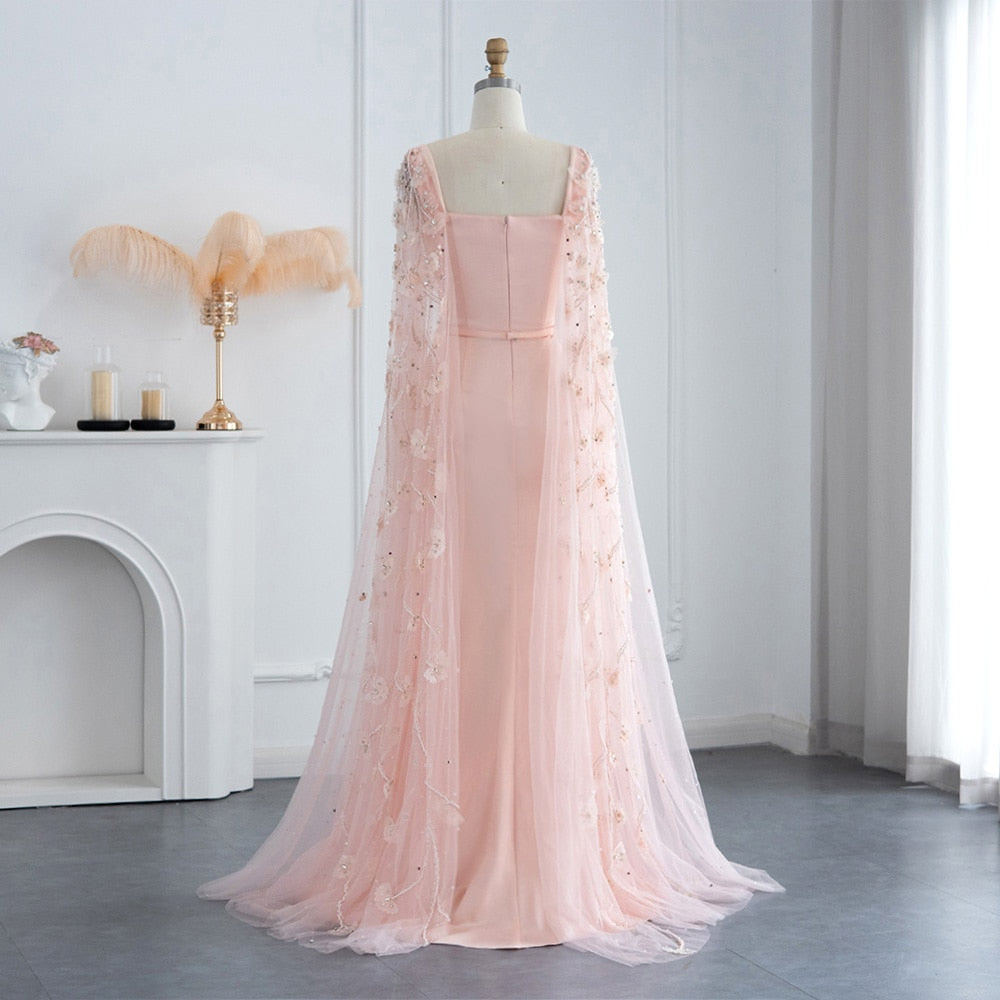 Luxury Pink 3D Flowers Evening Dress with Cape Sleeve Elegant Women Formal Gown for Wedding Party - Image 5