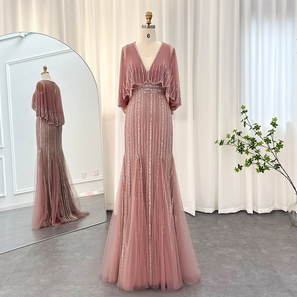 Luxury Pink Mermaid Evening Dresses with Cape Elegant V-Neck Wedding Formal Party Gown