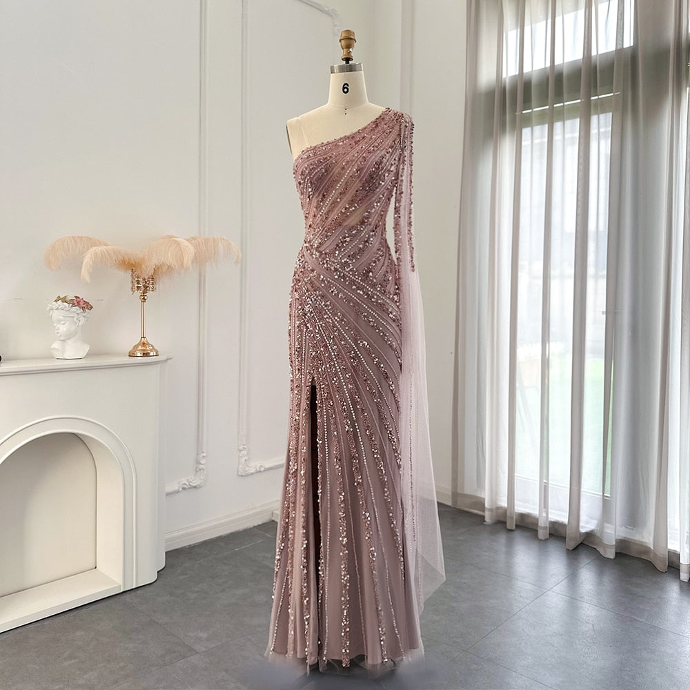 Luxury One Shoulder Mermaid Evening Dresses with Cape Sleeve Side Slit Wedding Party Gowns