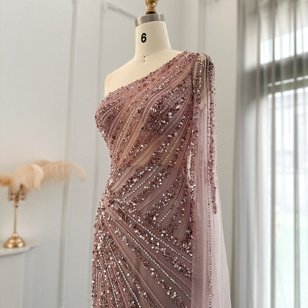 Luxury One Shoulder Mermaid Evening Dresses with Cape Sleeve Side Slit Wedding Party Gowns - Image 3