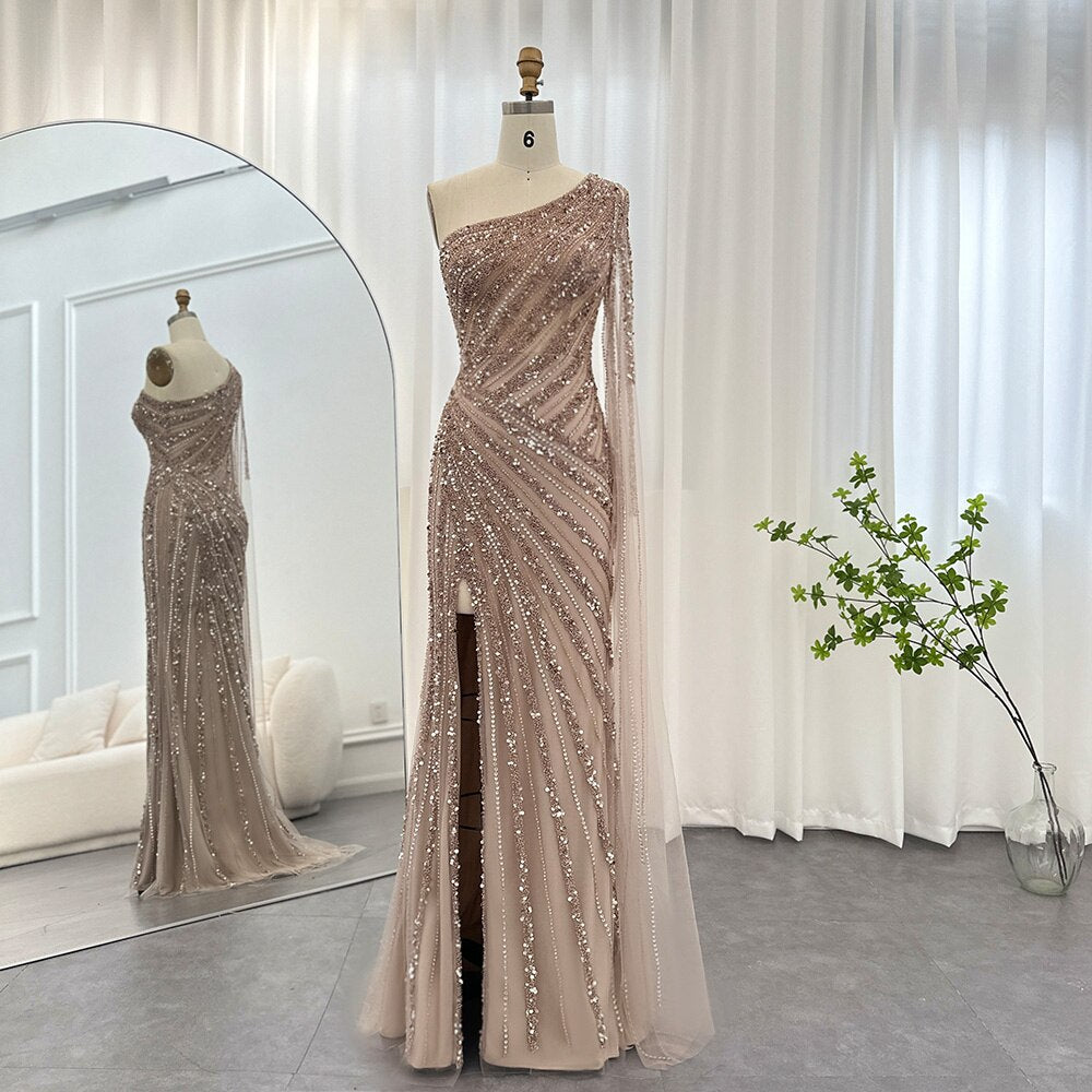 Luxury One Shoulder Mermaid Evening Dresses with Cape Sleeve Side Slit Wedding Party Gowns - Image 4