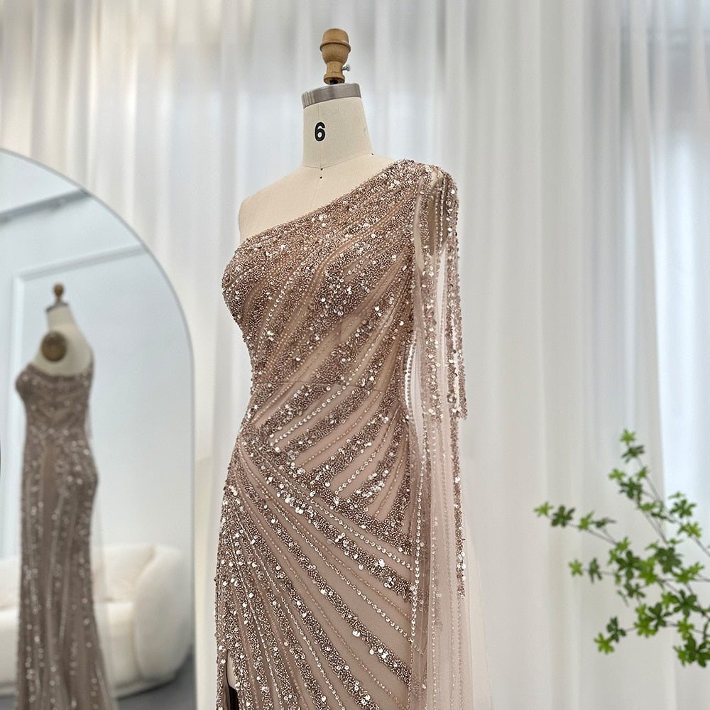 Luxury One Shoulder Mermaid Evening Dresses with Cape Sleeve Side Slit Wedding Party Gowns - Image 5