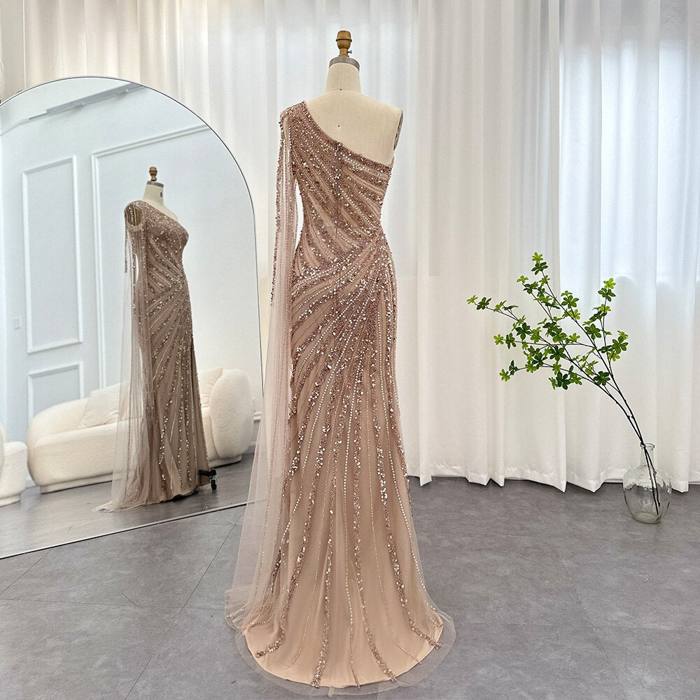 Luxury One Shoulder Mermaid Evening Dresses with Cape Sleeve Side Slit Wedding Party Gowns - Image 6