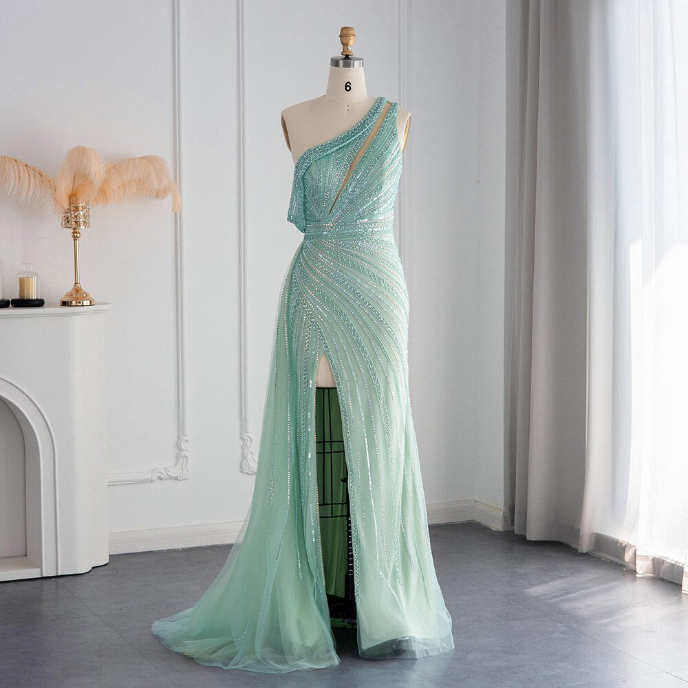 Luxury One Shoulder Mermaid Evening Dresses for Wedding Party High Slit Long Prom Formal Gowns