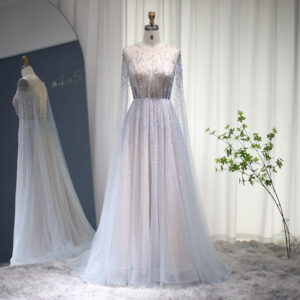 Luxury Beaded Evening Dresses with Cape Sleeves Long Formal Party Dress for Women Wedding