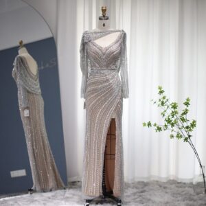 Luxury Mermaid Evening Dress with Cape Heavy Beaded Slit Prom Dresses for Women Wedding Party