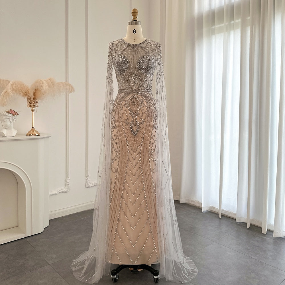 Luxury  Evening Dresses with Cape Sleeves Women Wedding Party Dress