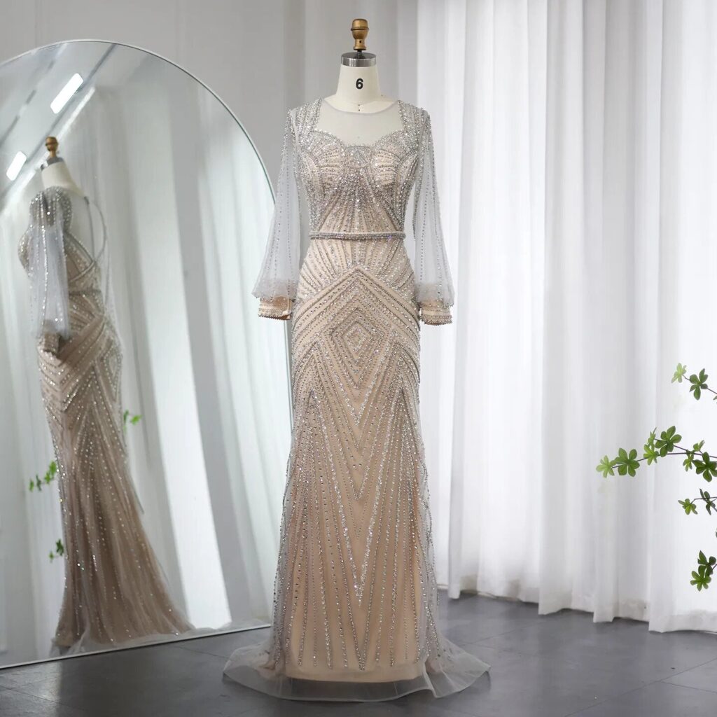 Luxury Silver Nude Mermaid Evening Dress Elegant Long Sleeves Women Wedding Formal Party Gowns