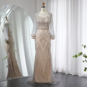 Luxury Silver Nude Mermaid Evening Dress Elegant Long Sleeves Women Wedding Formal Party Gowns