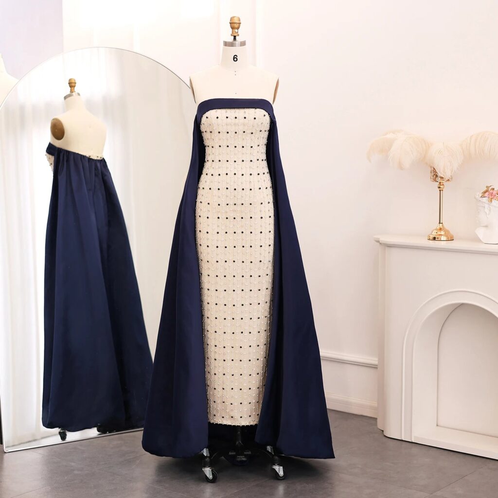 Navy Blue White Strapless Luxury Evening Dresses with Cape Midi Women Wedding Party Gowns 2024