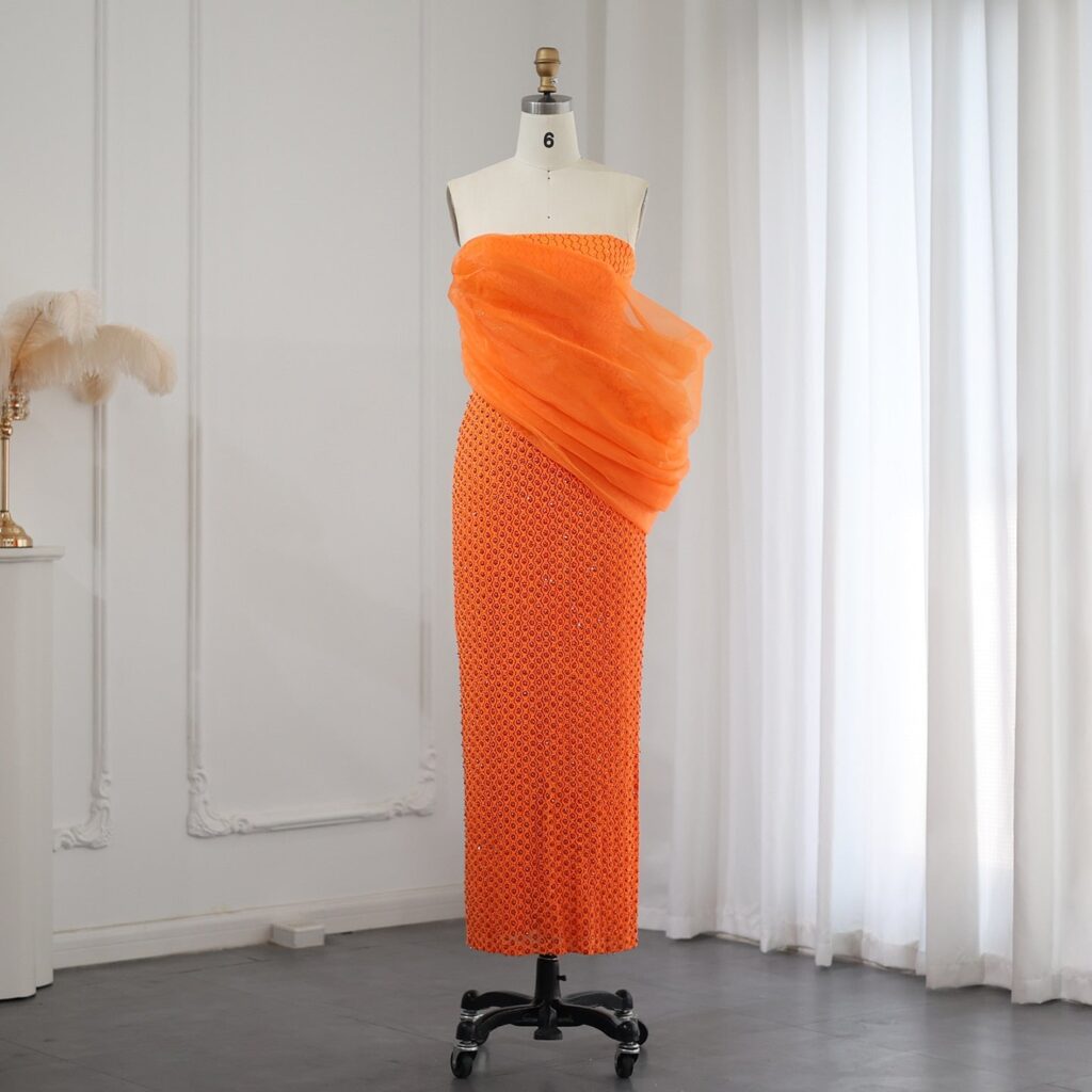 Orange One Shoulder Luxury Evening Dress for Wedding Women Elegant Ankle Length Formal Party Gown