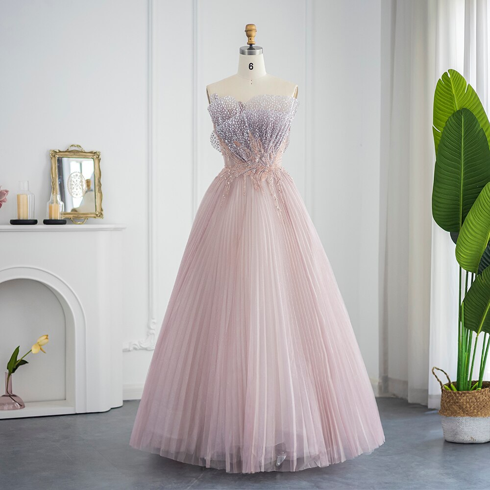 Pink Scalloped Pleats Evening Dresses Luxury Long Formal Dress for Women Wedding Party Gowns