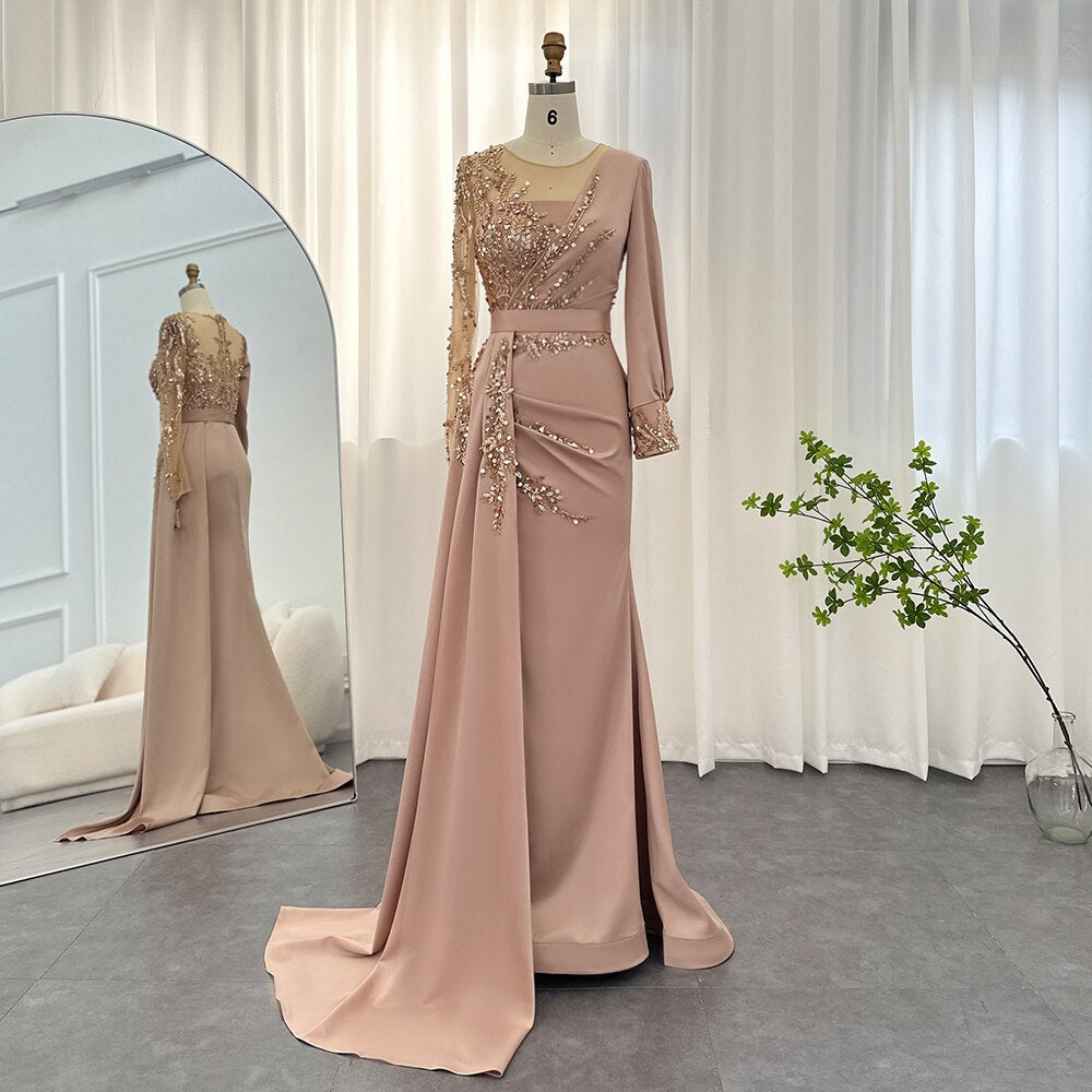 Rose Gold Long Sleeves Luxury Evening Dresses for Women Wedding Party Mermaid Gowns