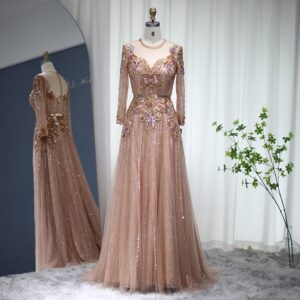 Rose Gold Luxury Evening Dresses Elegant Long Sleeve Formal Dress for Women Wedding Party