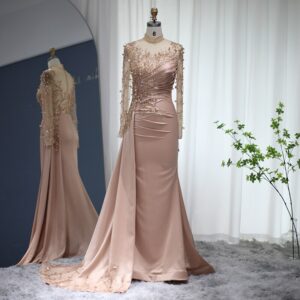 Rose Gold Mermaid Evening Dresses Long Sleeve Luxury  Formal Dress for Women Wedding Party