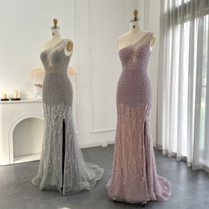 One Shoulder Mermaid Evening Dresses Luxury Pearls Long Formal Dress for Wedding