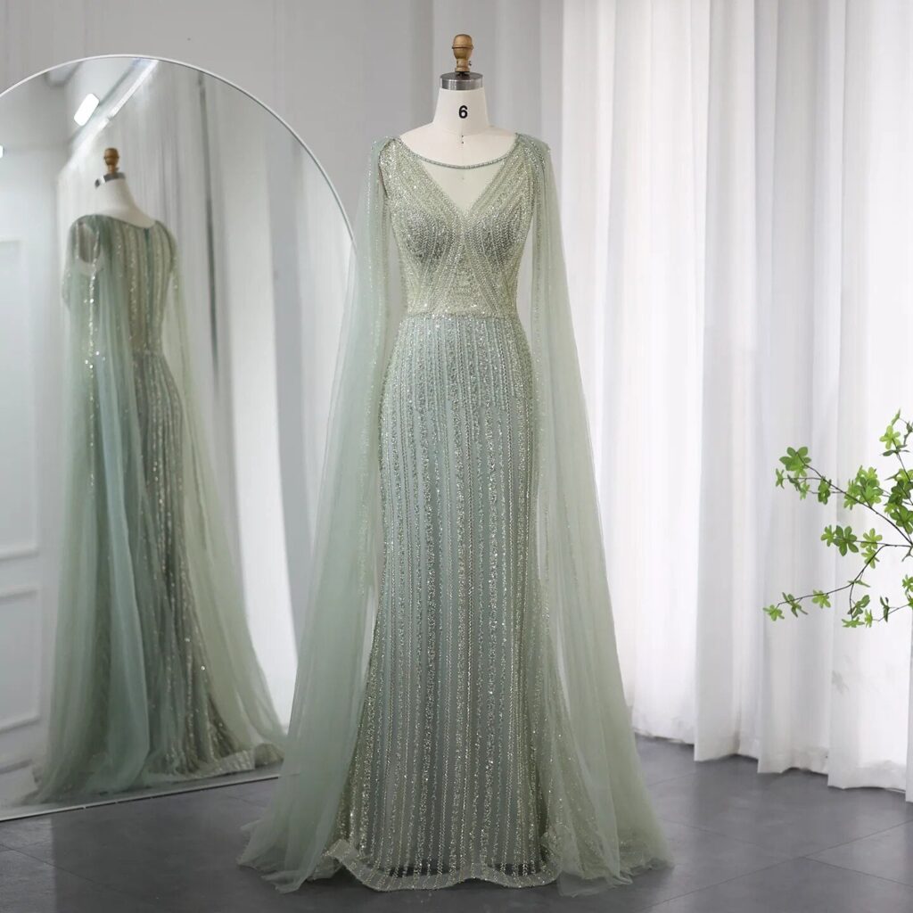Saudi Sage Green Long Evening Dress with Cape Sleeves Luxury Plus Size Women Wedding Formal Party Gowns