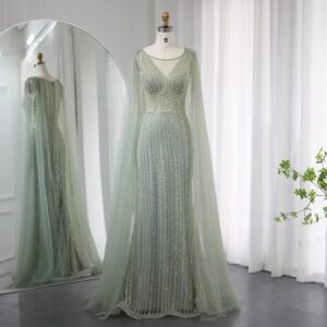 Saudi Sage Green Long Evening Dress with Cape Sleeves Luxury Plus Size Women Wedding Formal Party Gowns
