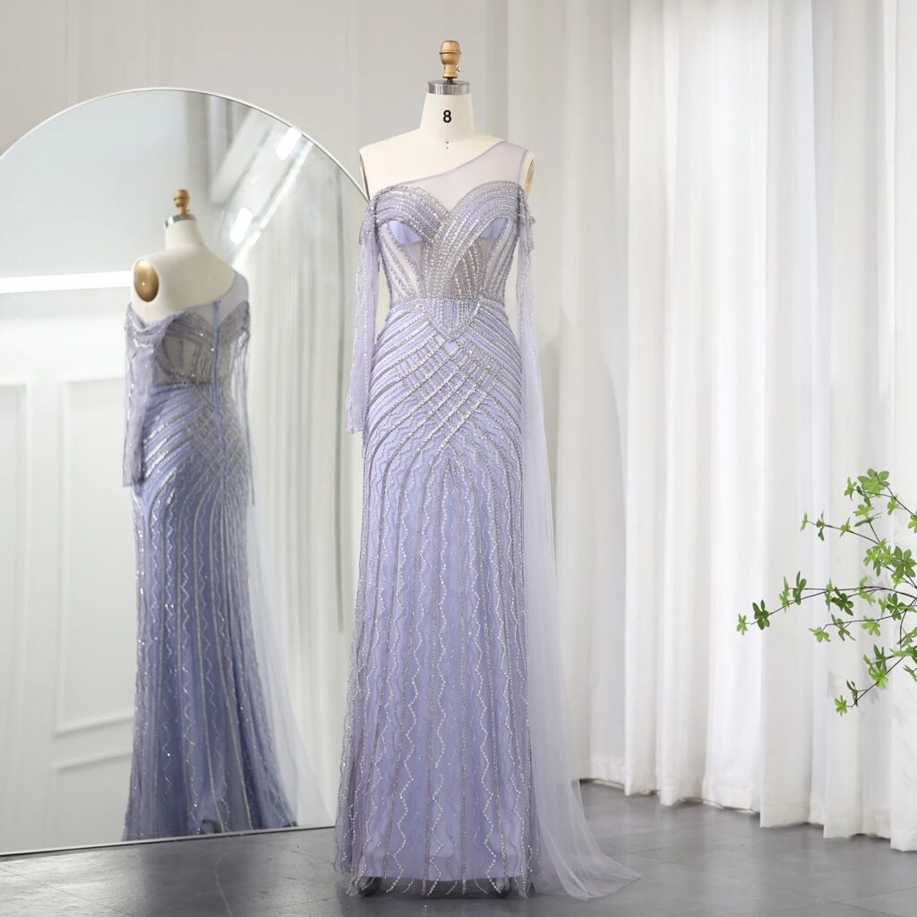 One Shoulder Mermaid Lilac Evening Dress with Cape Sleeve Luxury Sage Green Wedding Party Gowns