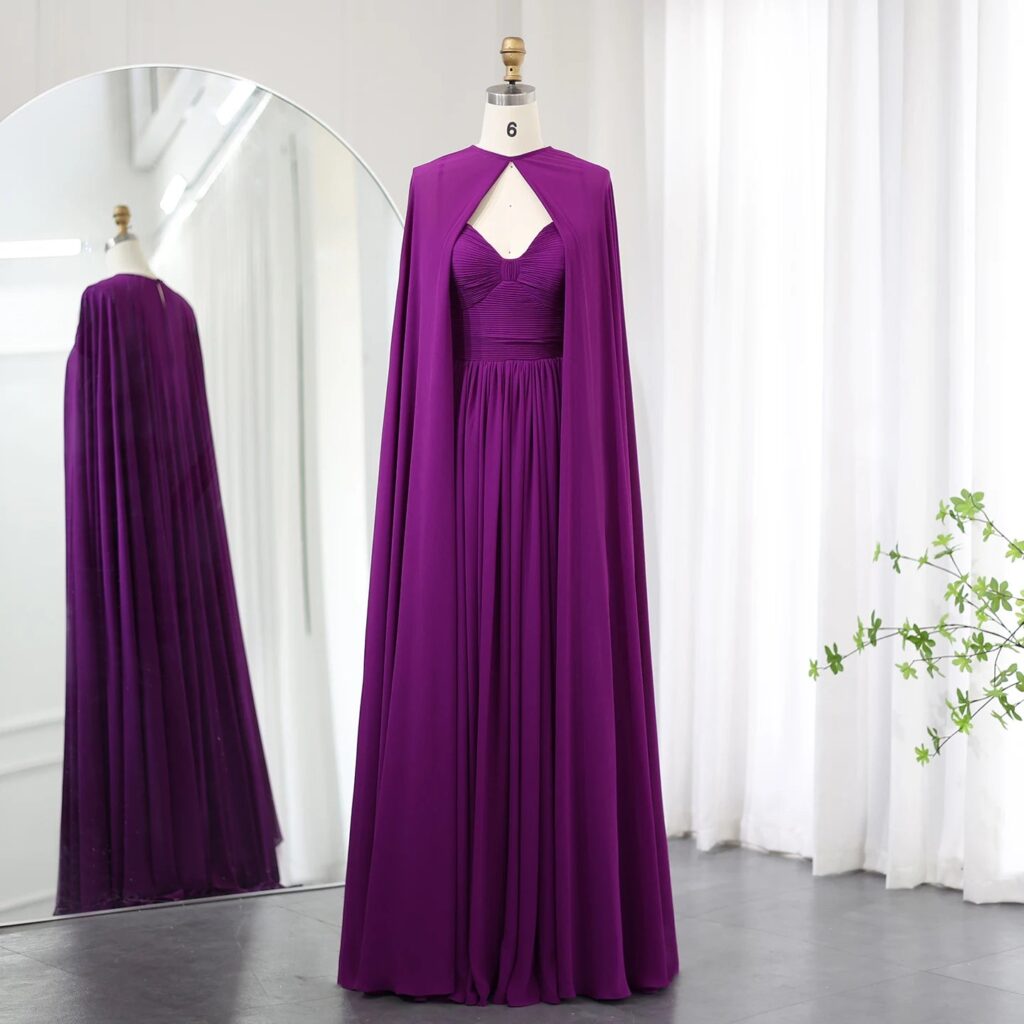 Chiffon Long Evening Dress with Cape Elegant Sweetheart Women Wedding Party Gowns