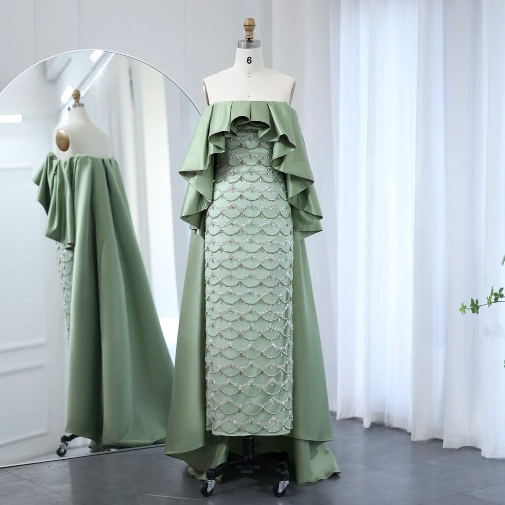 Sage Green Luxury Evening Dresses with Cape Lilac Beaded Women Wedding Party Dress