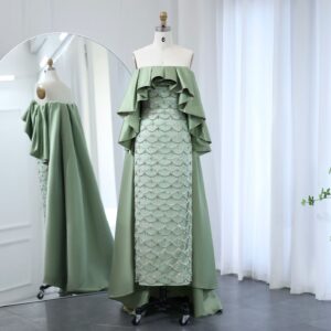 Sage Green Luxury Evening Dresses with Cape Lilac Beaded Women Wedding Party Dress