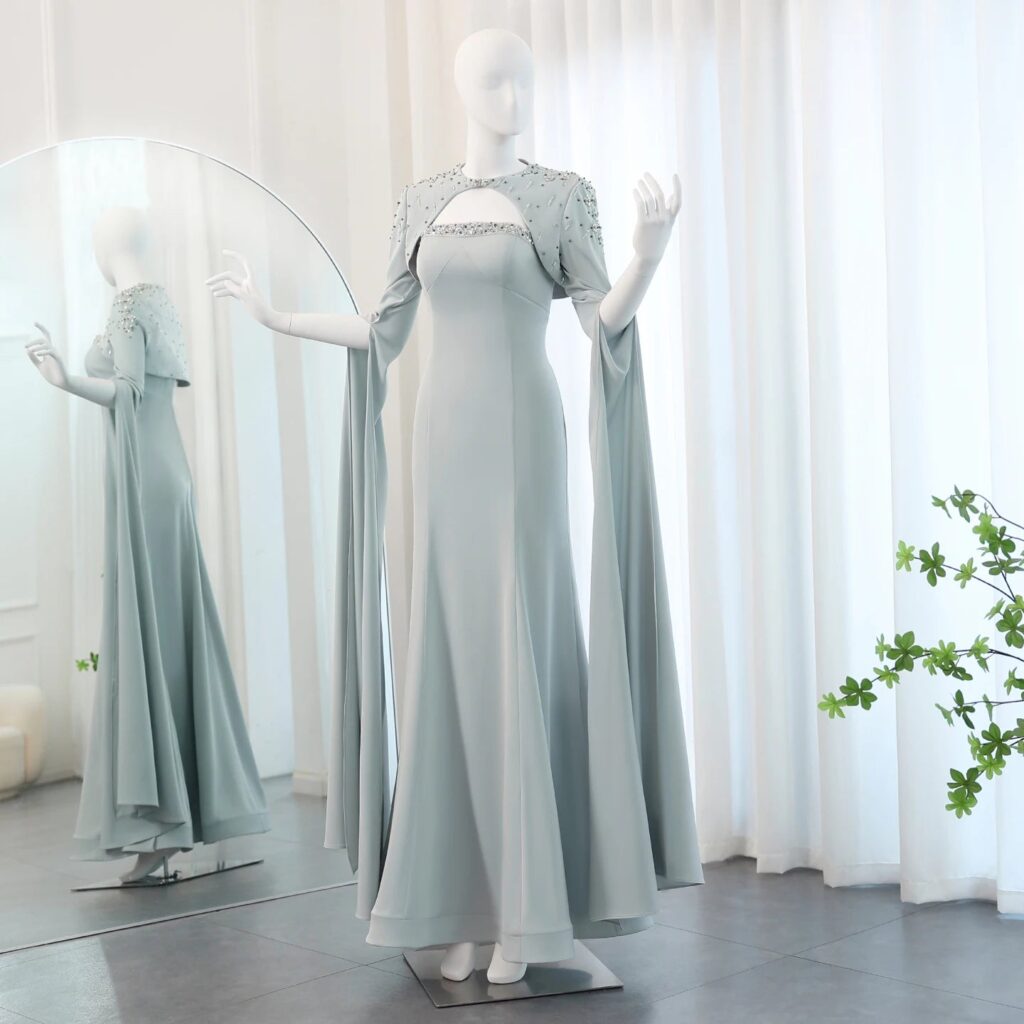 Sage Green Mermaid Evening Dress with Cape Sleeves Luxury Beaded Women Wedding Party Gowns