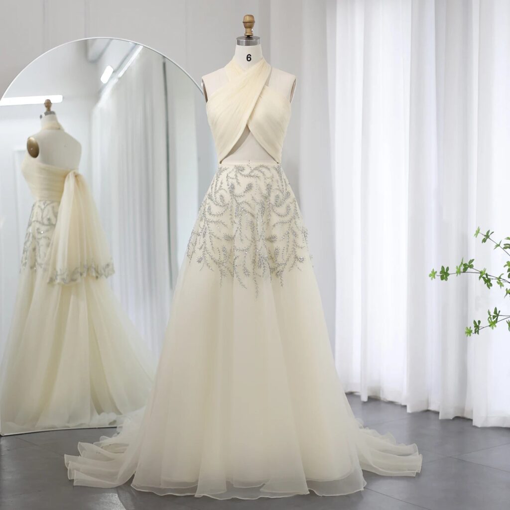 Halter Beige Evening Dress for Women Wedding Luxury Crystal Long Prom Party Dresses