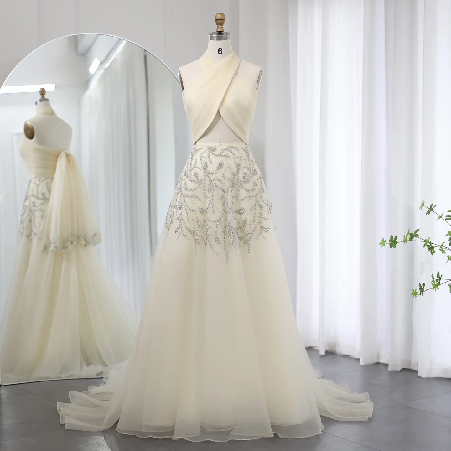 Halter Beige Evening Dress for Women Wedding Luxury Crystal Long Prom Party Dresses