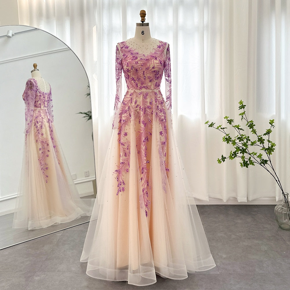 Long Sleeve Lilac Evening Dresses for Women Luxury Design Wedding Party Formal Gowns
