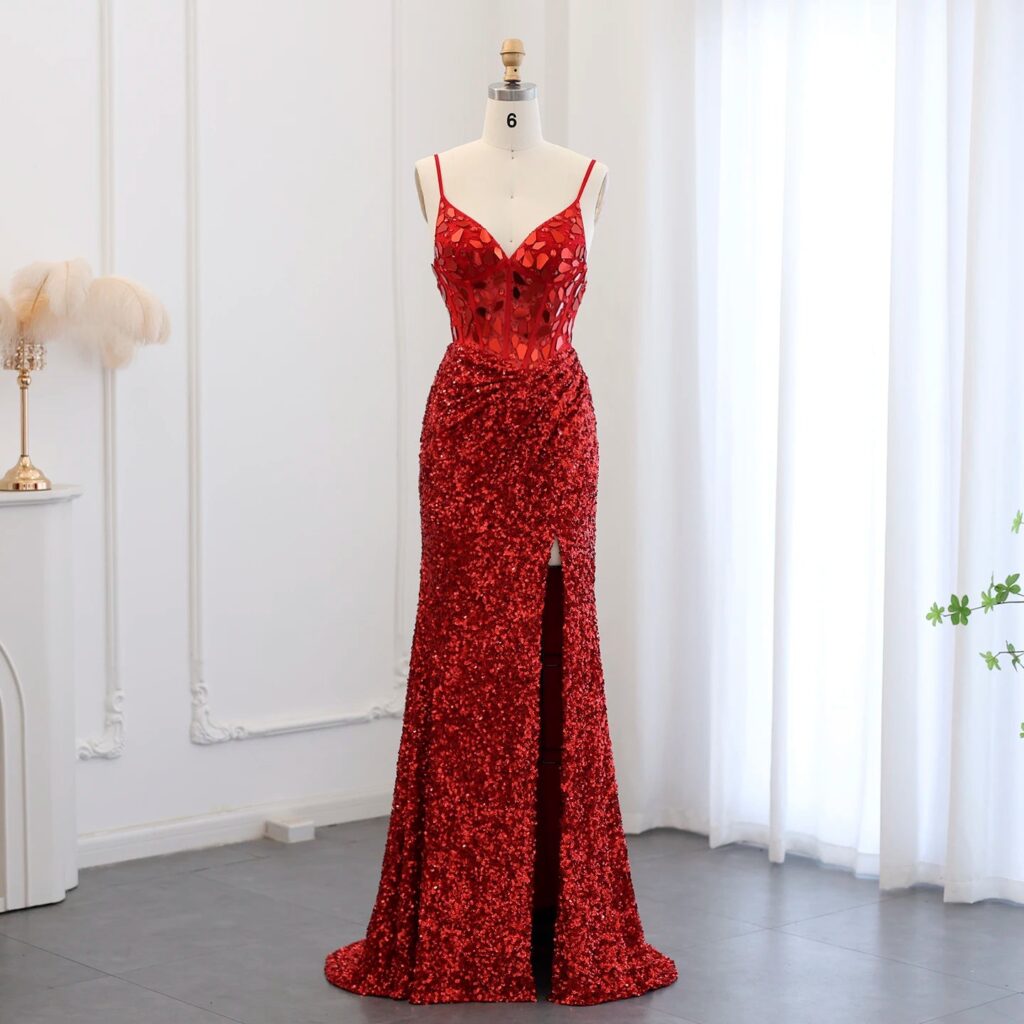 Sexy Spaghetti Straps Sequin Mermaid Prom Evening Dresses Elegant Long Party Gowns
