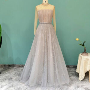 Silver Purple Luxury Evening Dresses Long Sleeve Beaded Formal Prom Dresses for Women Wedding Party