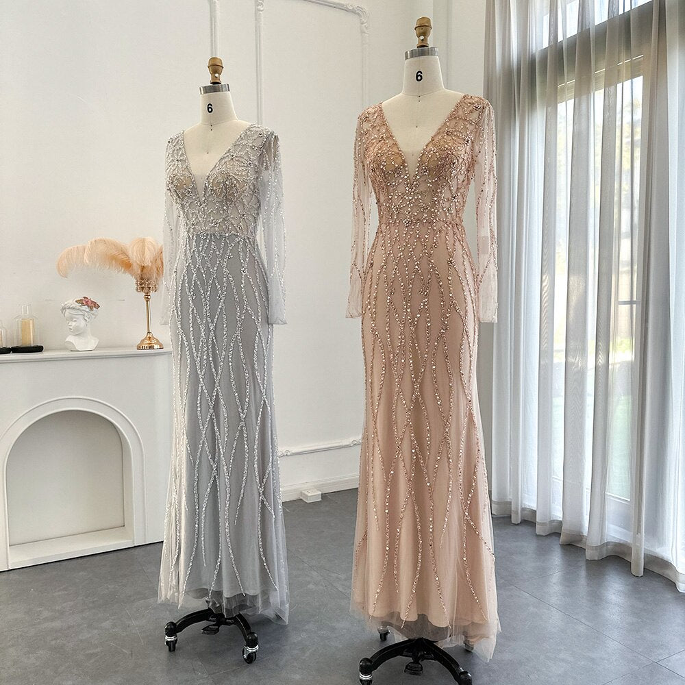 Long Sleeve Mermaid Evening Dress Luxury Beading Long Prom Party Dresses for Women Wedding