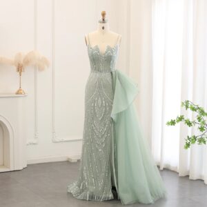Spaghetti Straps Sage Green Mermaid Evening Dress with Overskirt Side Slit Blue Dubai Women Wedding Party Gown