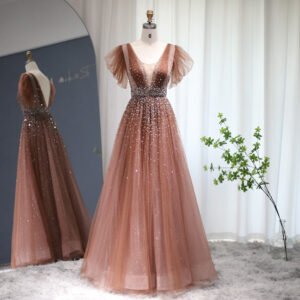 Sparkling Beaded Brown Luxury Evening Dresses for Women Wedding Elegant V-Neck Long Formal Party Gowns