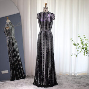 Sparkly Crystal Black Mermaid High Slit Evening Dresses Luxury Long Formal Party Dress for Women Wedding