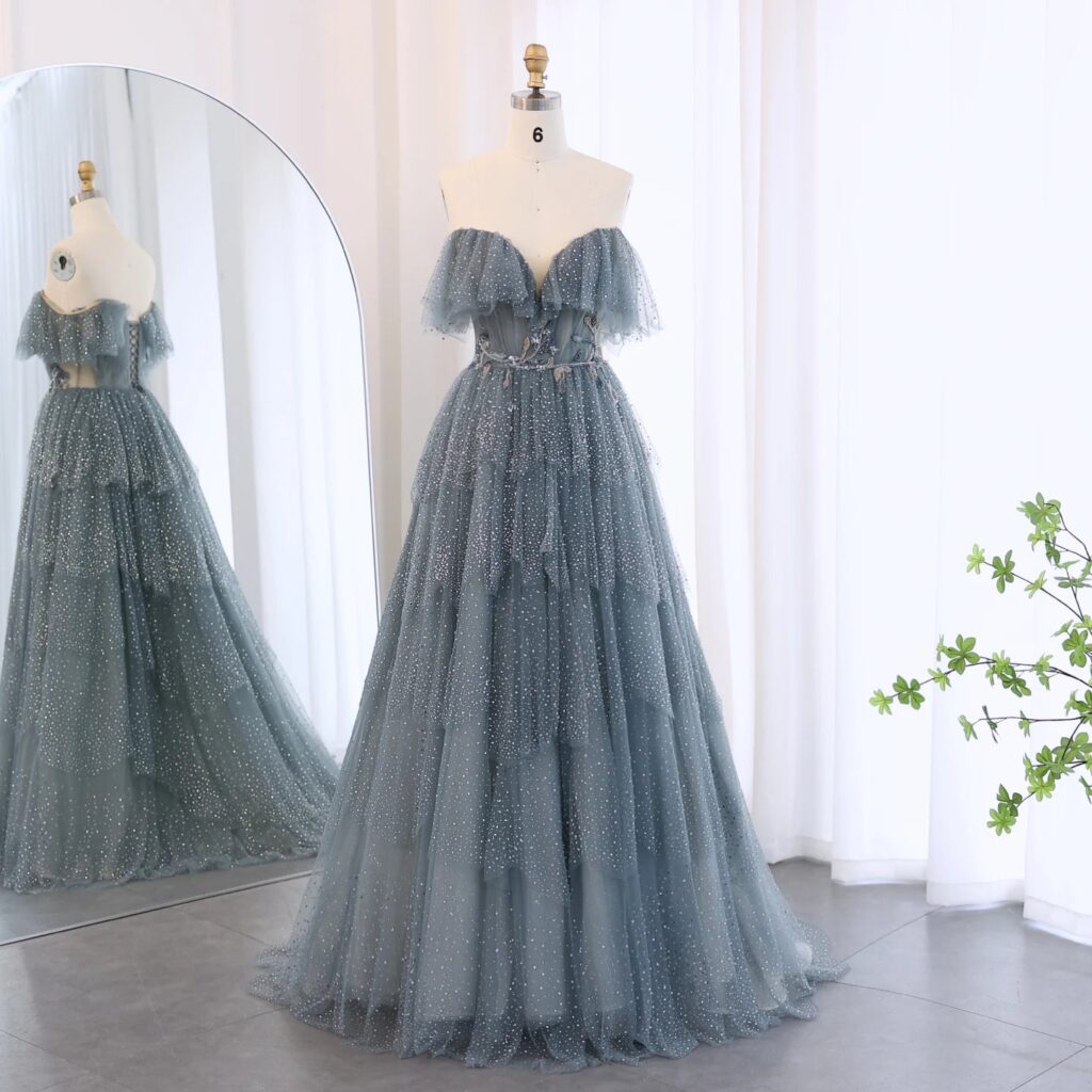 Sparkly Crystal Blue Sweetheart Evening Dress for Women Wedding Tiered Ruffles Luxury Bridal Party Gowns