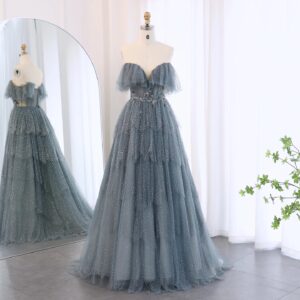 Sparkly Crystal Blue Sweetheart Evening Dress for Women Wedding Tiered Ruffles Luxury Bridal Party Gowns
