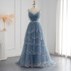 Sparkly Crystal Luxury Blue Dubai Evening Dress for Women Wedding Party Spaghetti Straps Long Formal Dresses