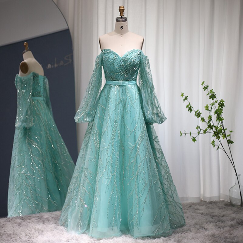 Sparkly Mint Green Long Sleeve Evening Dress Luxury Beaded Formal Dresss for Women Wedding Party