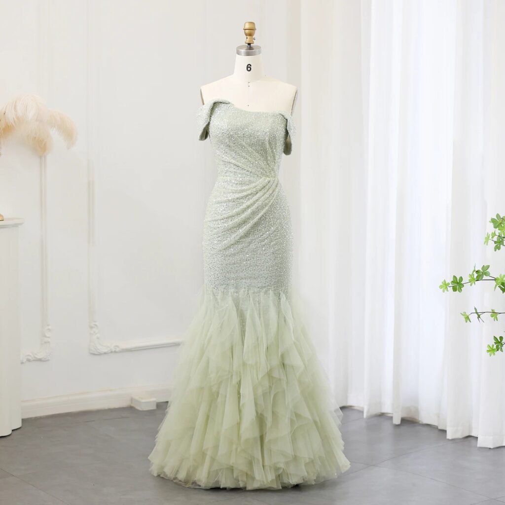 Sparkly Sage Green Sequined Mermaid Evening Dress for Women Wedding Party Long Dubai Arabic Formal Prom Gowns