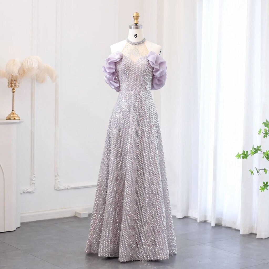Sparkly Sequin Off Shoulder Purple Evening Dresses Elegant Crystal Formal Dress for Women Wedding Party