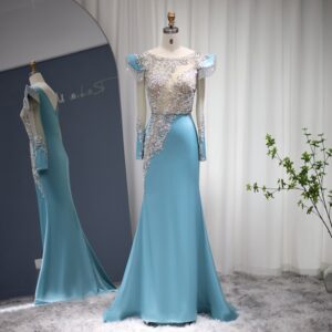 Turquoise Blue Mermaid Evening Dresses Long Sleeve Luxury Crystal Wedding Formal Party Dress