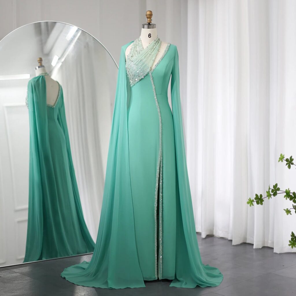 Turquoise Green Chiffon Evening Dress with Cape Sleeves Luxury Beaded Women Wedding Party Gowns