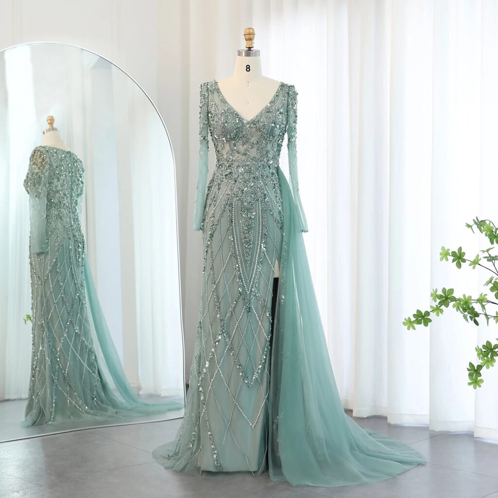 Meramid Long Sleeves Evening Dress with Overskirt High Slit Luxury For Women Wedding Party